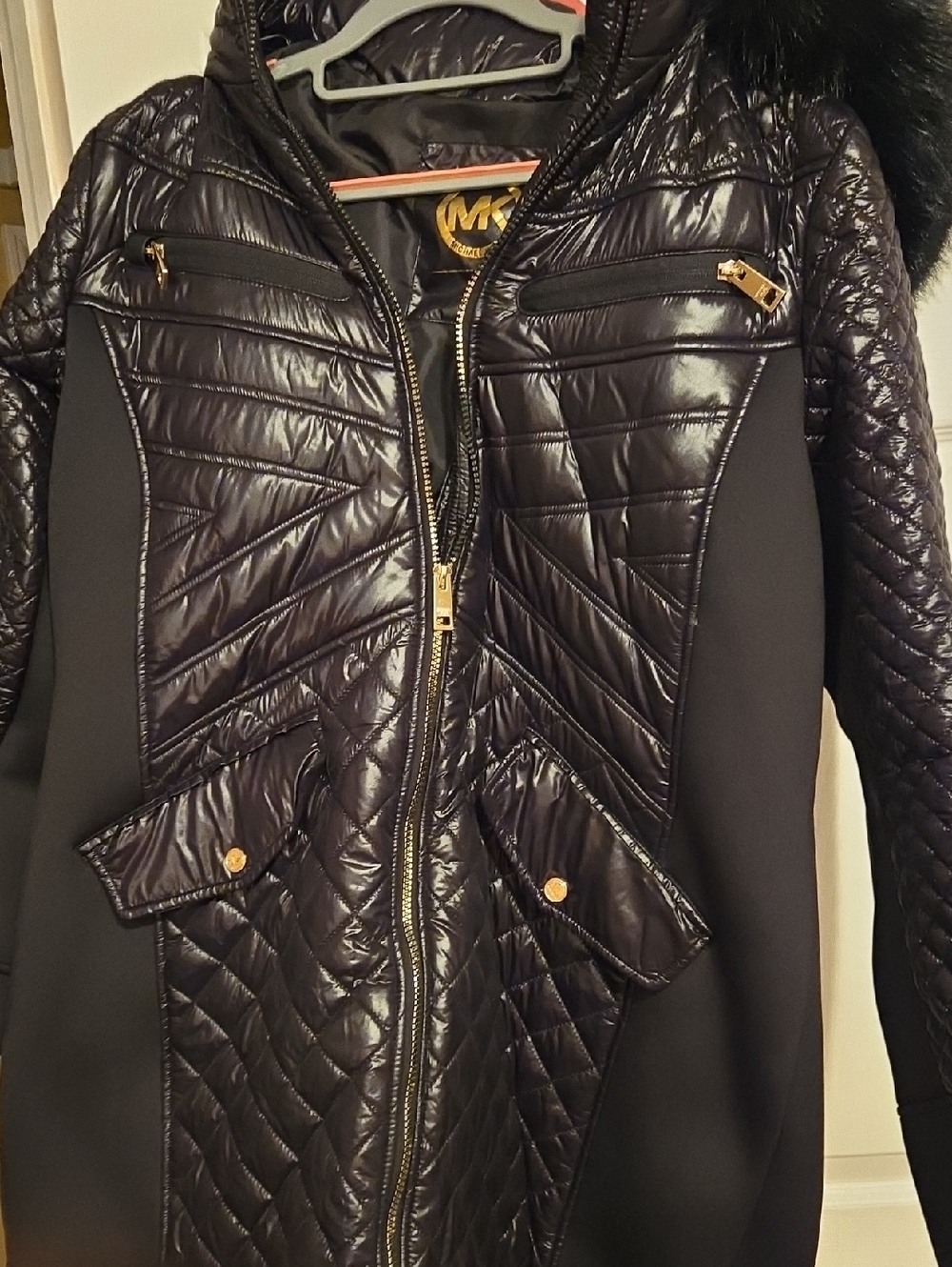 Michael Kors Black Quilted-Panel Hooded Puffer Coat with Gold Hardware